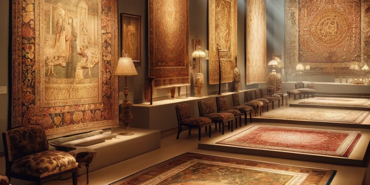 DALL·E 2024-05-15 16.21.21 - An image showcasing an exquisite display of antique Persian tapestry rugs and fine carpets. The scene captures a variety of these valuable textiles el